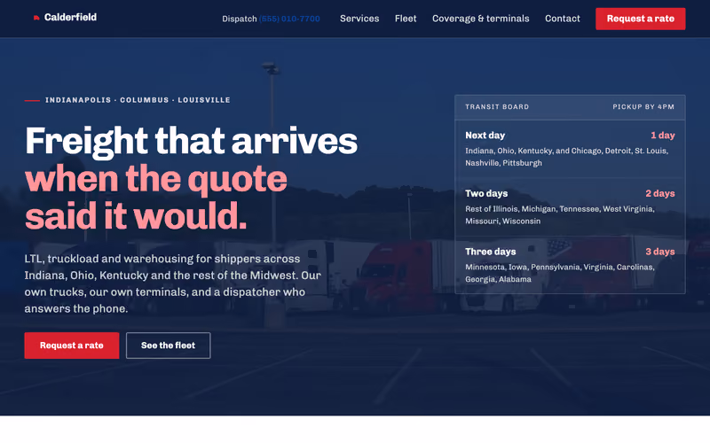 Homepage of the Calderfield Logistics example build