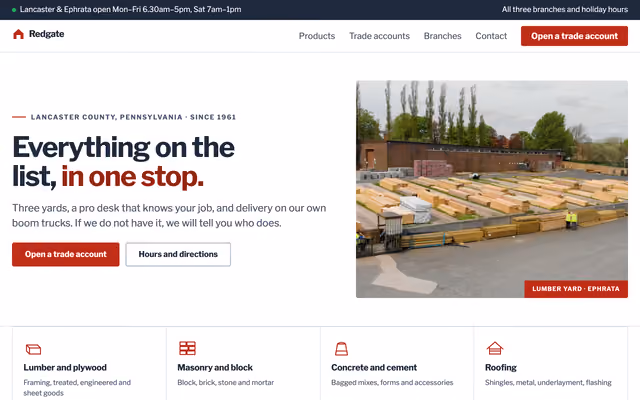 Homepage of the Redgate Building Supply example build