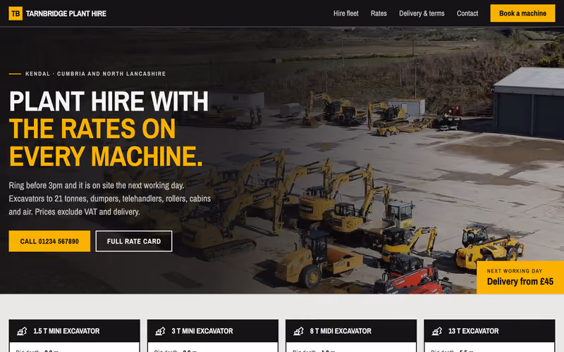 Homepage of the Tarnbridge Plant Hire example build