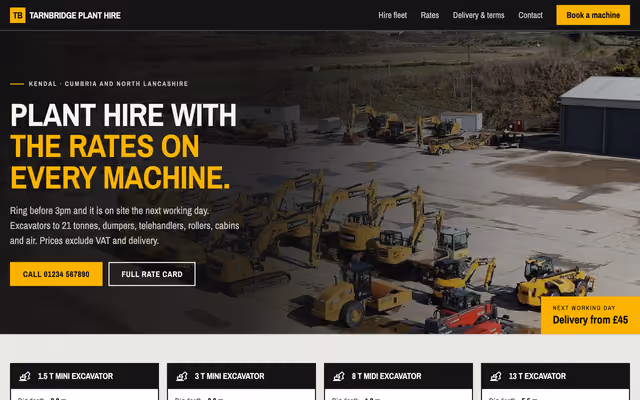 Homepage of the Tarnbridge Plant Hire example build